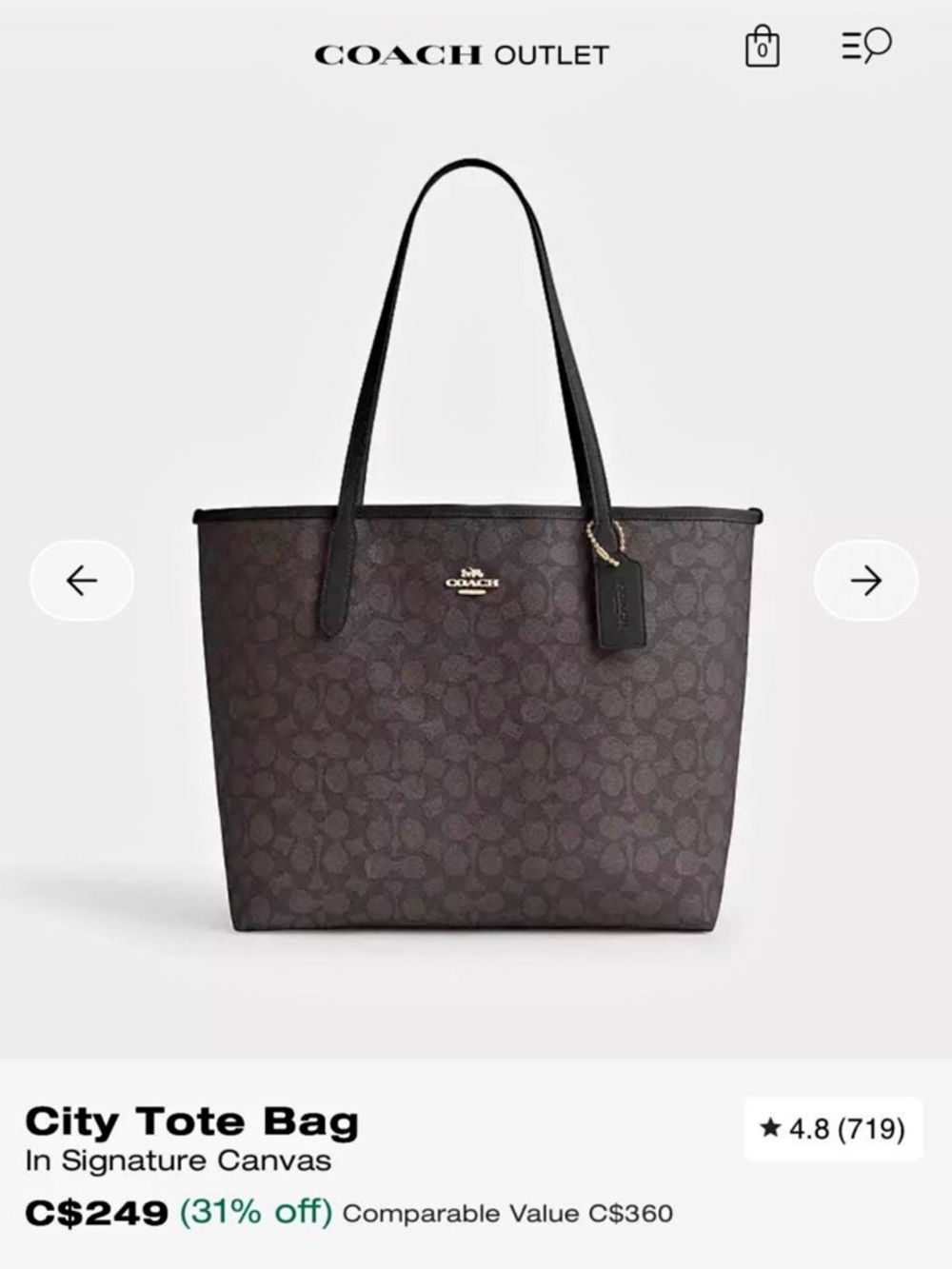 Coach City Tote Bag in Signature Canvas - Brown/Black